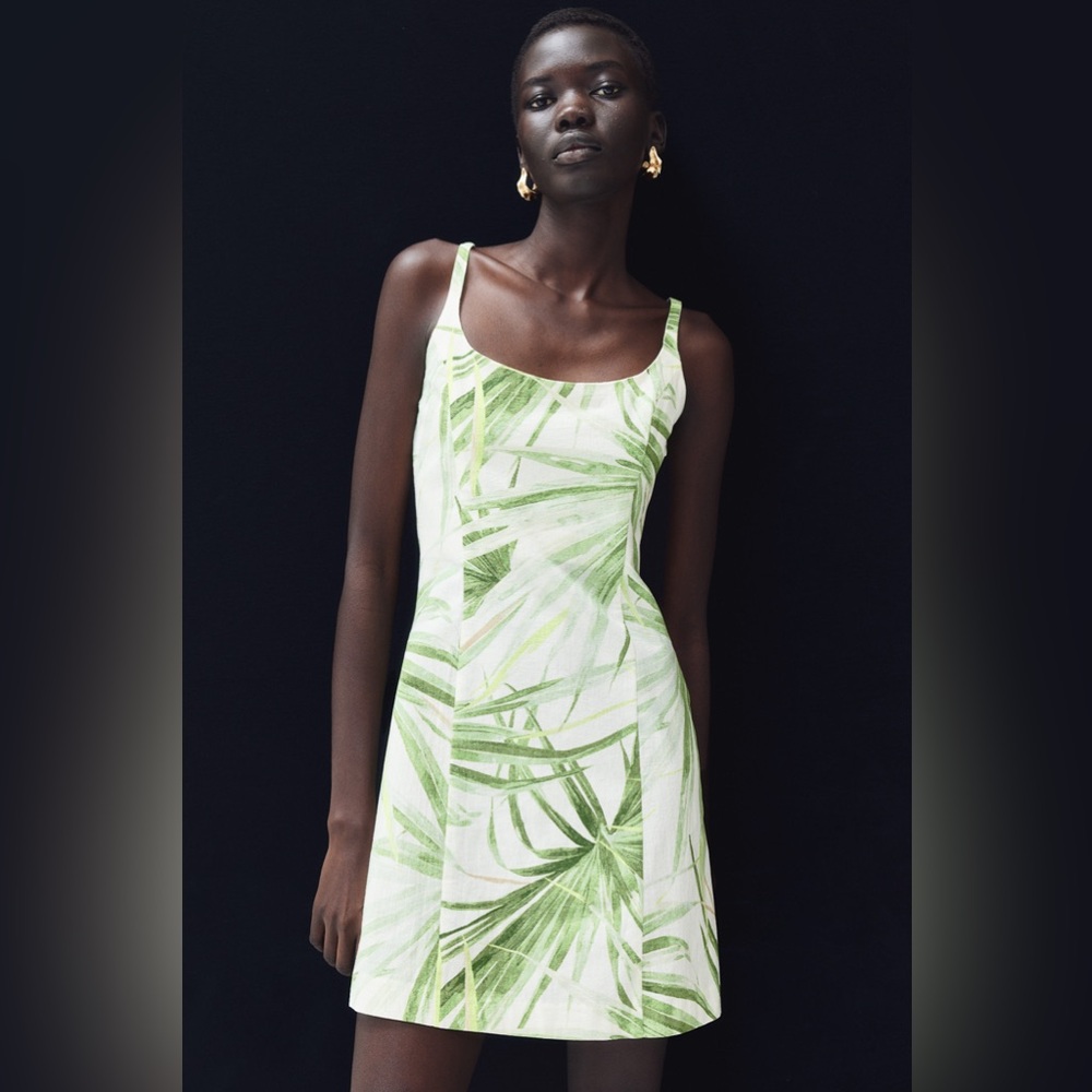 H&M White Green Palm Leaves Strappy Tank Summer Dress Sz XL